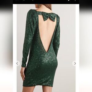 NWT CAROLINE CONSTAS Julia bow-detailed green sequined tulle mini dress open XS